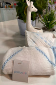 Knit Cotton Newborn White Sweater and Pants, "Take me home set" Blue lace by Patucos