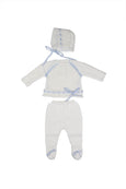 Knit Cotton Newborn White Sweater and Pants, "Take me home set" Blue lace by Patucos