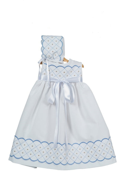 Baptism Gown 2 pieces- White Cotton with Light Blue embroider details