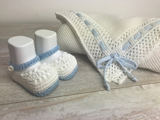 Cotton White and light blue Knit Booties