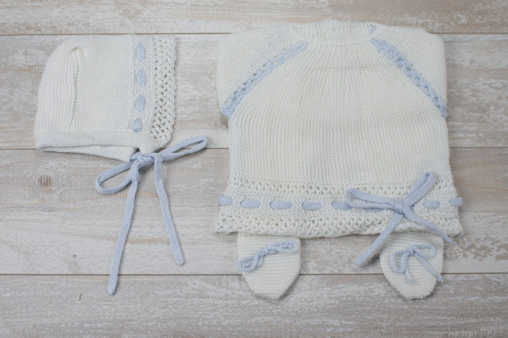 Knit Cotton Newborn White Sweater and Pants,  "Take me home set" Blue lace by Patucos